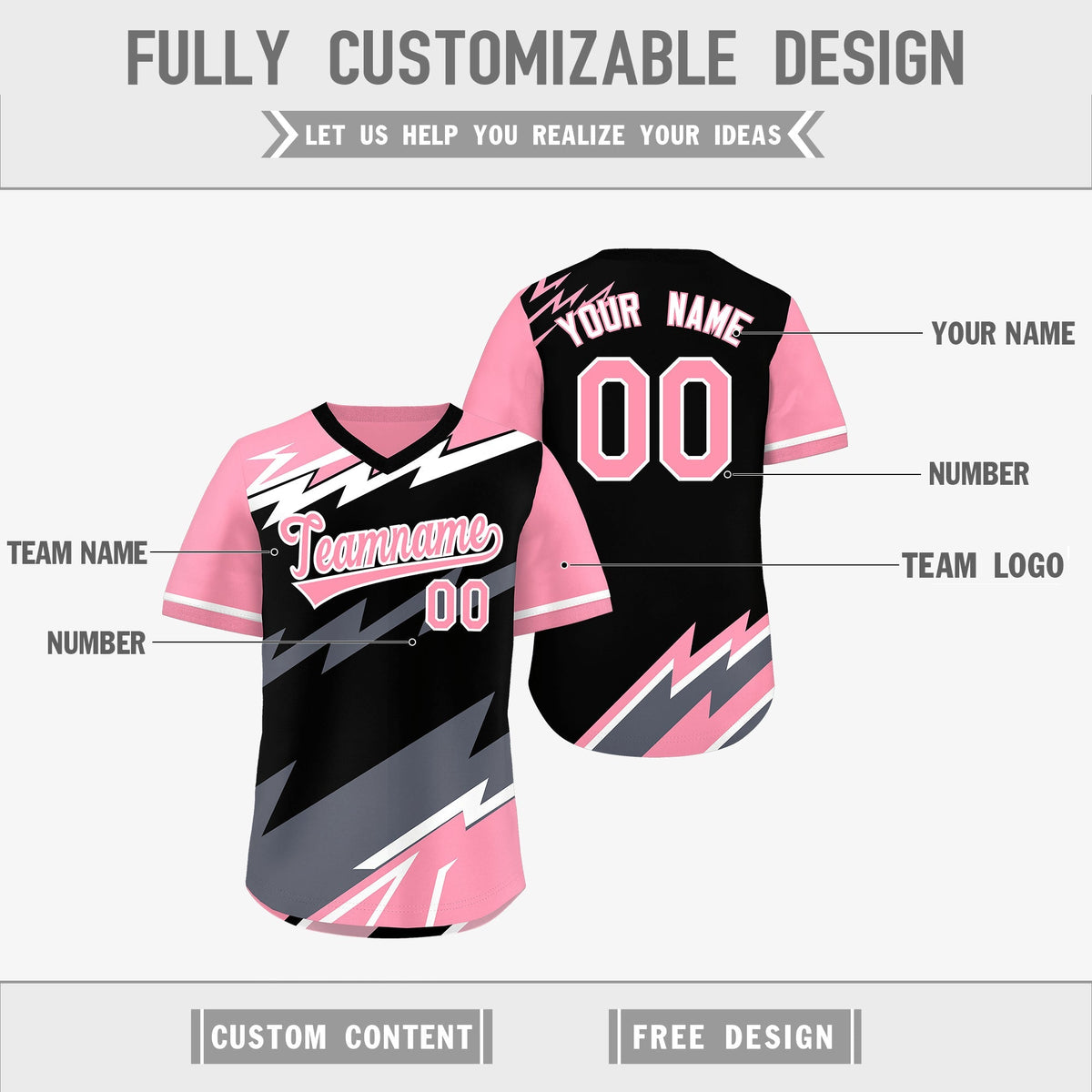 Custom Black Light Pink Gray Reversible Tops Lightning Pattern Graffiti Pattern Pullover V-Neck Baseball Jersey| KXKSHOP