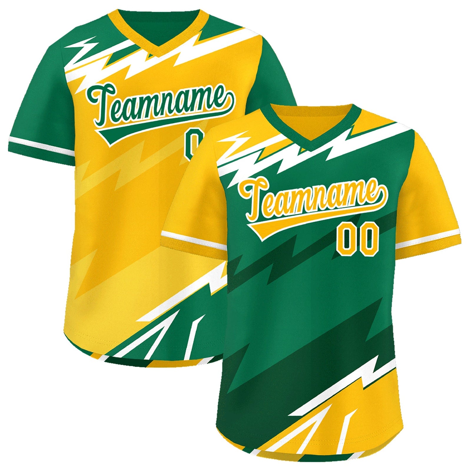 Custom Kelly Green Dark Green Yellow Reversible Tops Lightning Pattern Graffiti Pattern Pullover V-Neck Baseball Jersey| KXKSHOP