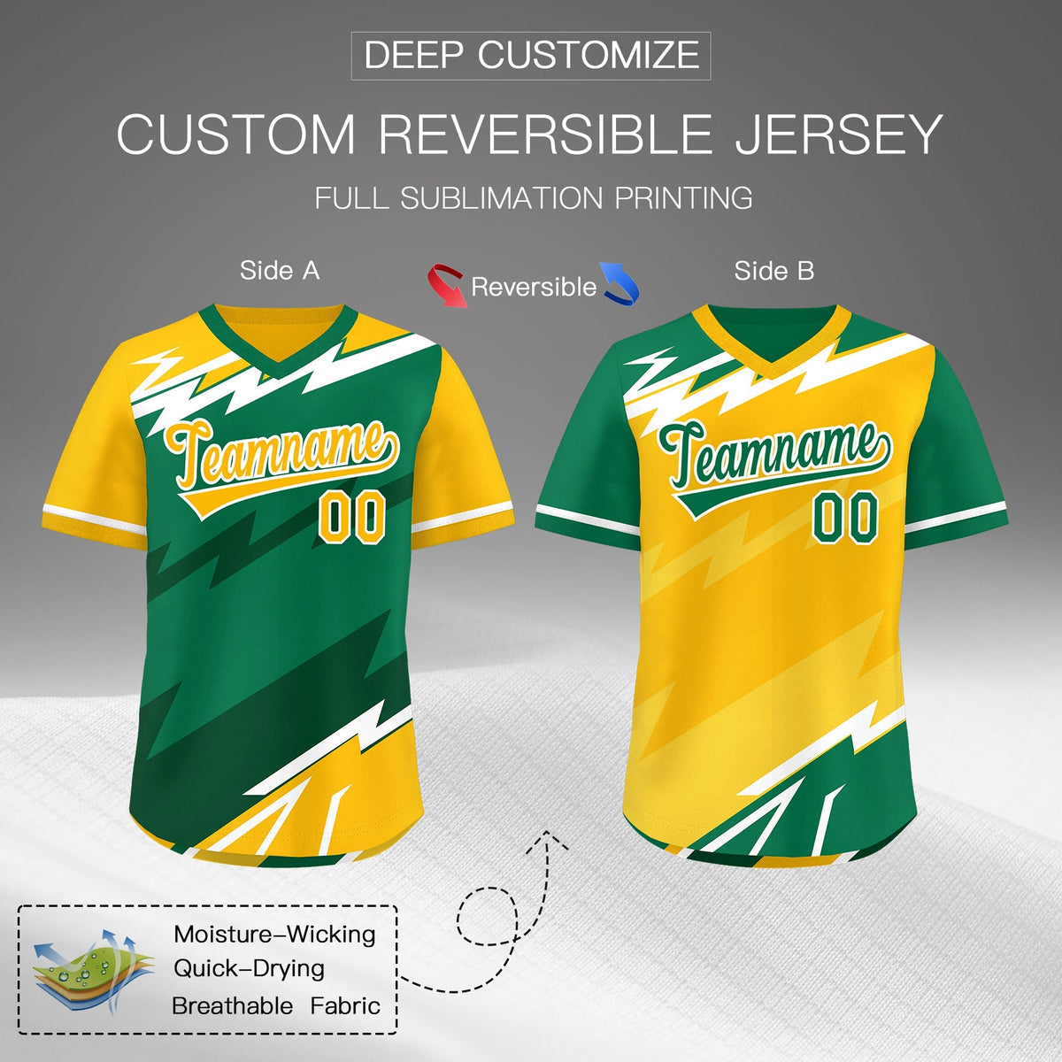 Custom Kelly Green Dark Green Yellow Reversible Tops Lightning Pattern Graffiti Pattern Pullover V-Neck Baseball Jersey| KXKSHOP
