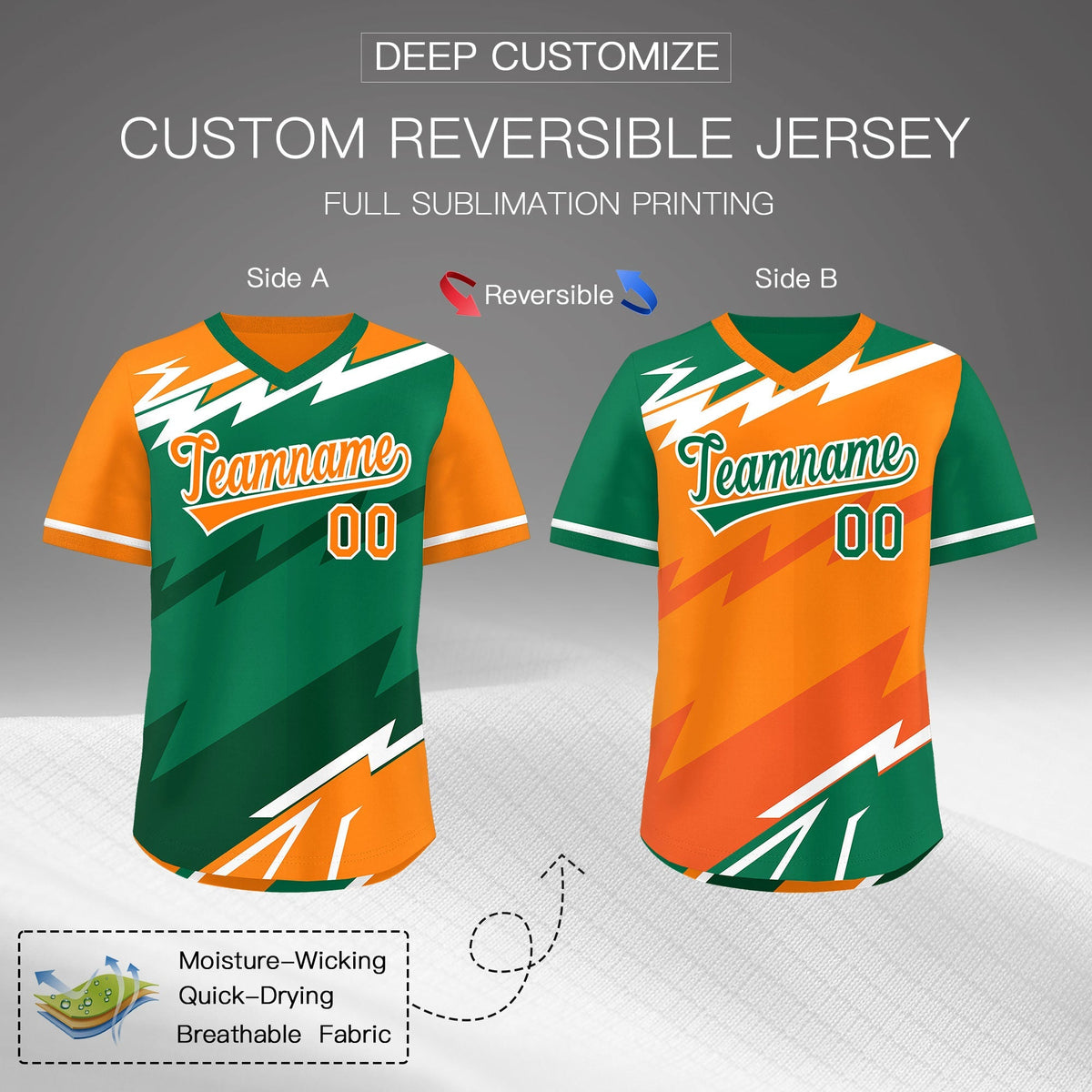 Custom Kelly Green Orange Dark Green Reversible Tops Lightning Pattern Graffiti Pattern Pullover V-Neck Baseball Jersey| KXKSHOP