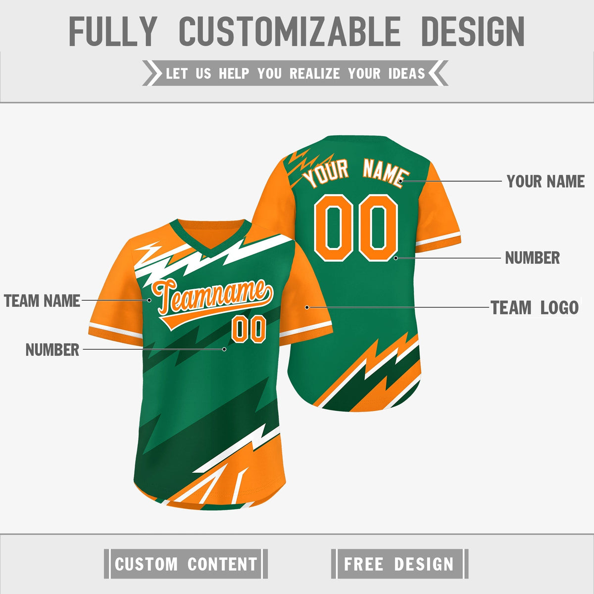 Custom Kelly Green Orange Dark Green Reversible Tops Lightning Pattern Graffiti Pattern Pullover V-Neck Baseball Jersey| KXKSHOP