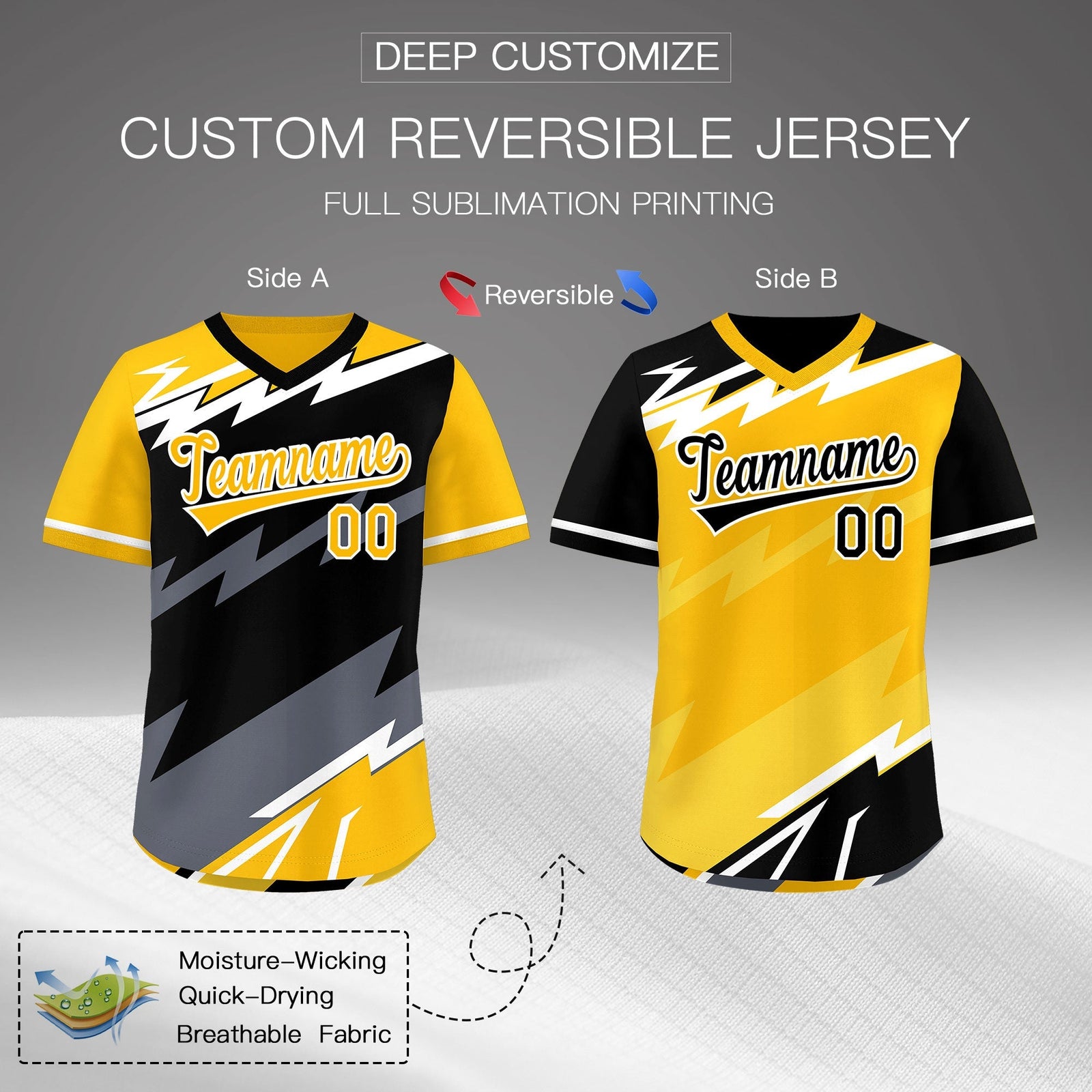 Custom Black Yellow Gray Reversible Tops Lightning Pattern Graffiti Pattern Pullover V-Neck Baseball Jersey| KXKSHOP