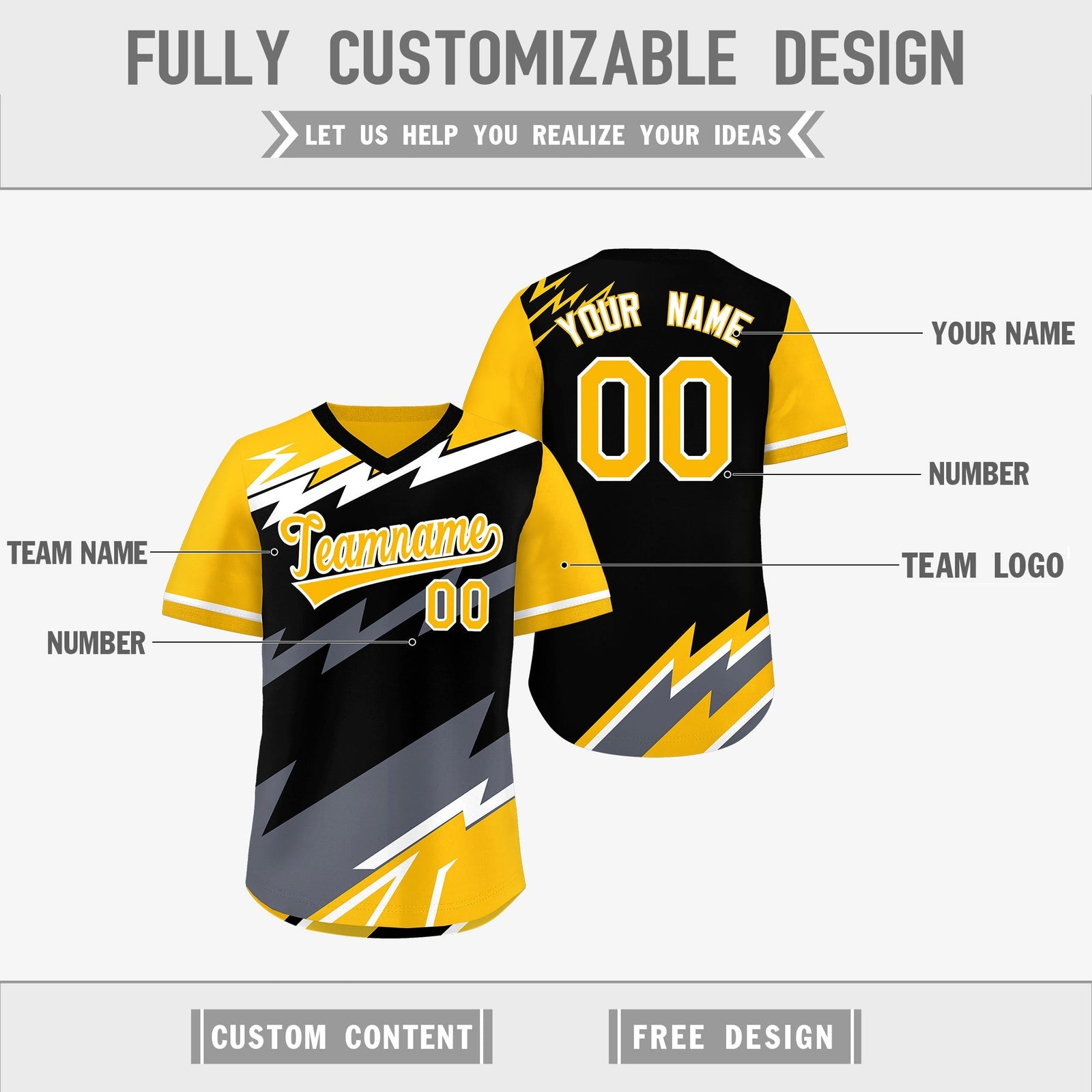 Custom Black Yellow Gray Reversible Tops Lightning Pattern Graffiti Pattern Pullover V-Neck Baseball Jersey| KXKSHOP