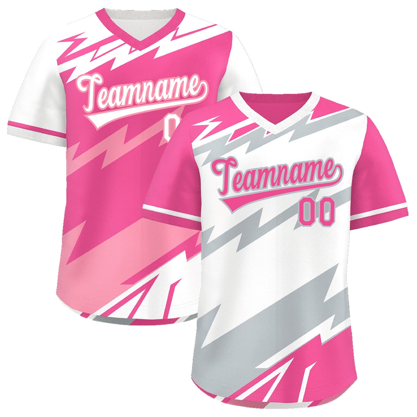 Custom White Pink Silver Reversible Tops Lightning Pattern Graffiti Pattern Pullover V-Neck Baseball Jersey| KXKSHOP