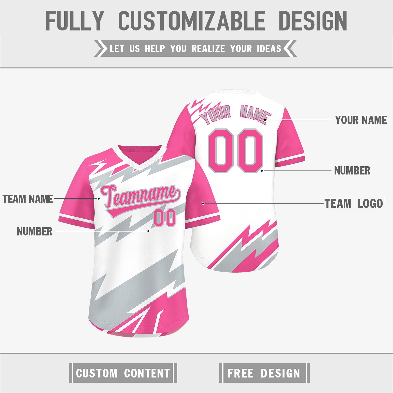 Custom White Pink Silver Reversible Tops Lightning Pattern Graffiti Pattern Pullover V-Neck Baseball Jersey| KXKSHOP
