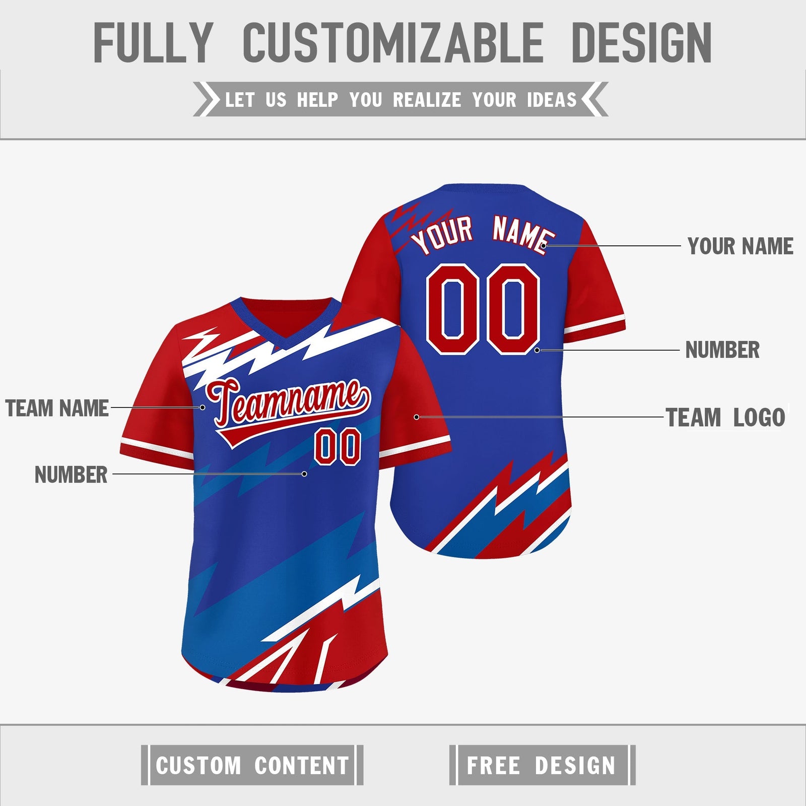 Custom Royal Blue Red Royal Reversible Tops Lightning Pattern Graffiti Pattern Pullover V-Neck Baseball Jersey| KXKSHOP