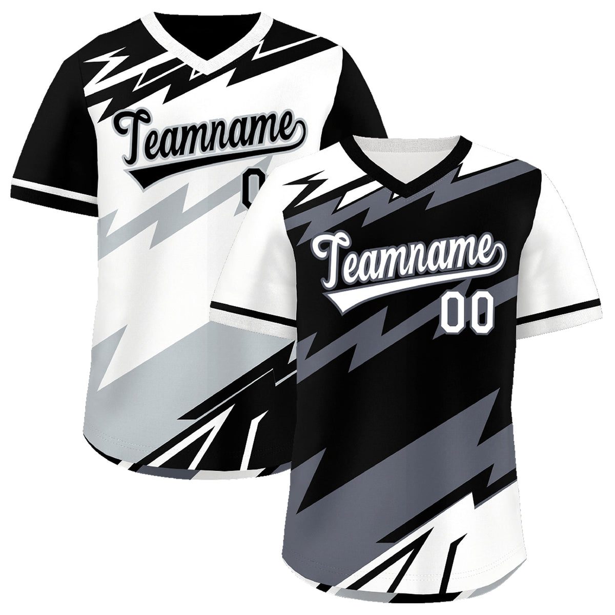 Custom Black White Gray Reversible Tops Lightning Pattern Graffiti Pattern Pullover V-Neck Baseball Jersey| KXKSHOP