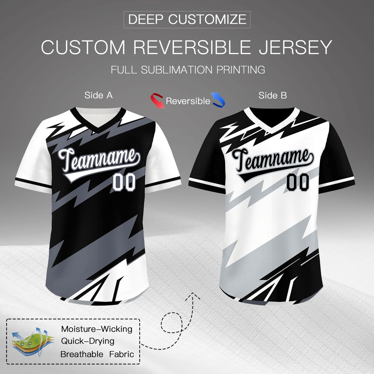 Custom Black White Gray Reversible Tops Lightning Pattern Graffiti Pattern Pullover V-Neck Baseball Jersey| KXKSHOP