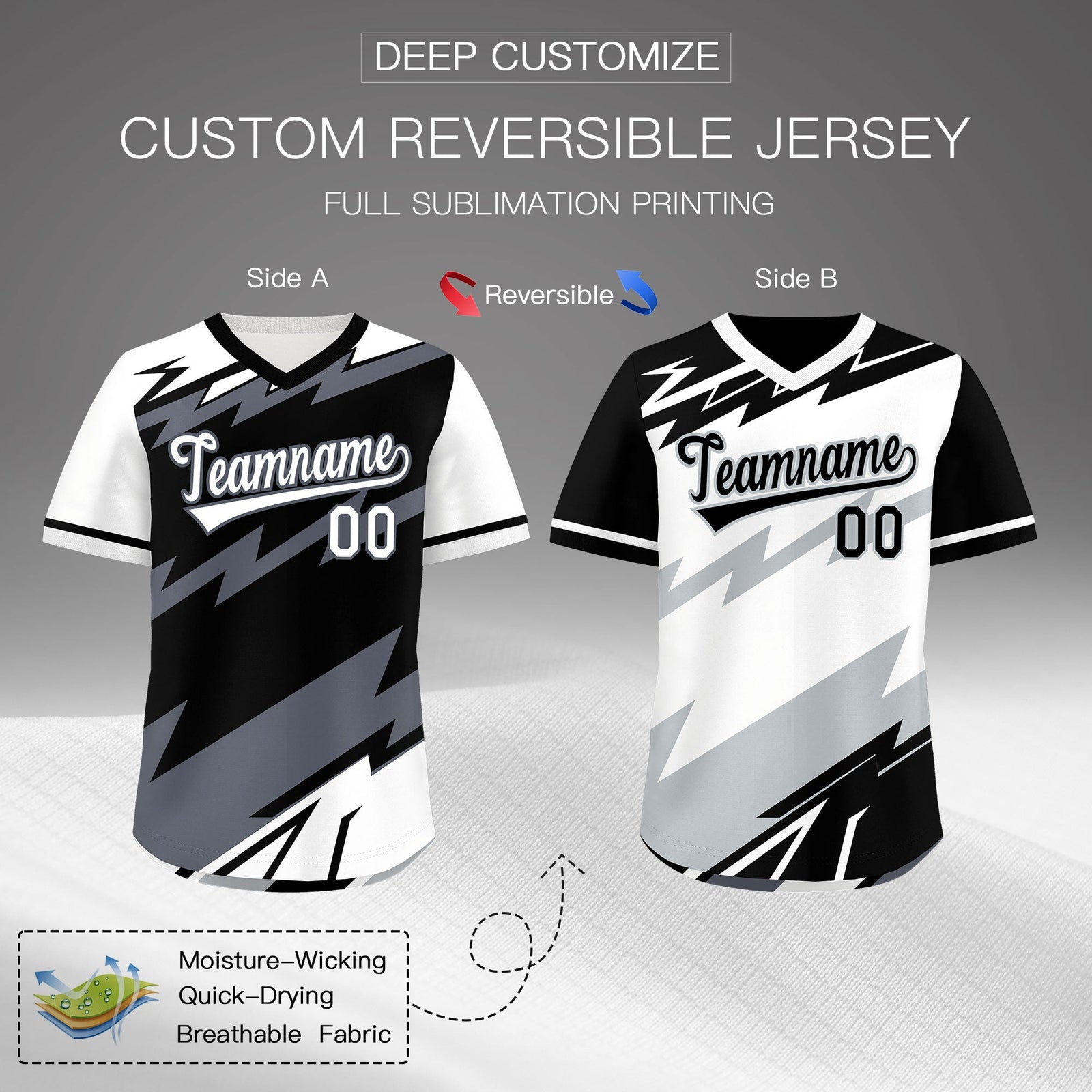 Custom Black White Gray Reversible Tops Lightning Pattern Graffiti Pattern Pullover V-Neck Baseball Jersey| KXKSHOP