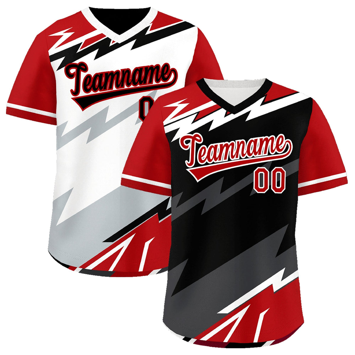 Custom Black White Red Reversible Tops Lightning Pattern Graffiti Pattern Pullover V-Neck Baseball Jersey| KXKSHOP