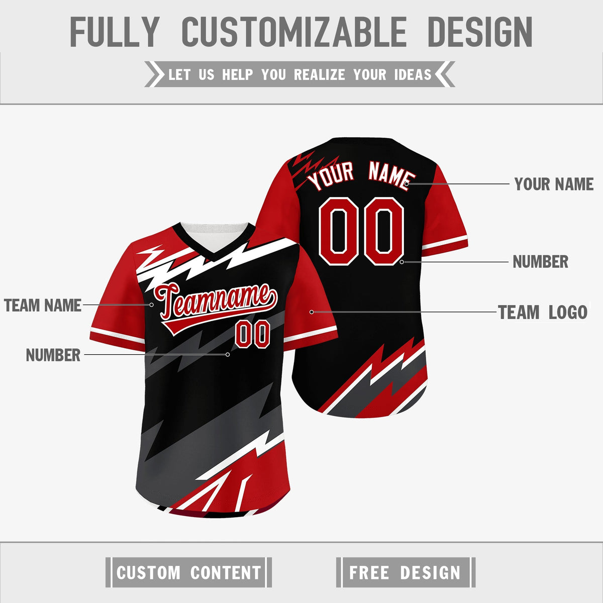 Custom Black White Red Reversible Tops Lightning Pattern Graffiti Pattern Pullover V-Neck Baseball Jersey| KXKSHOP