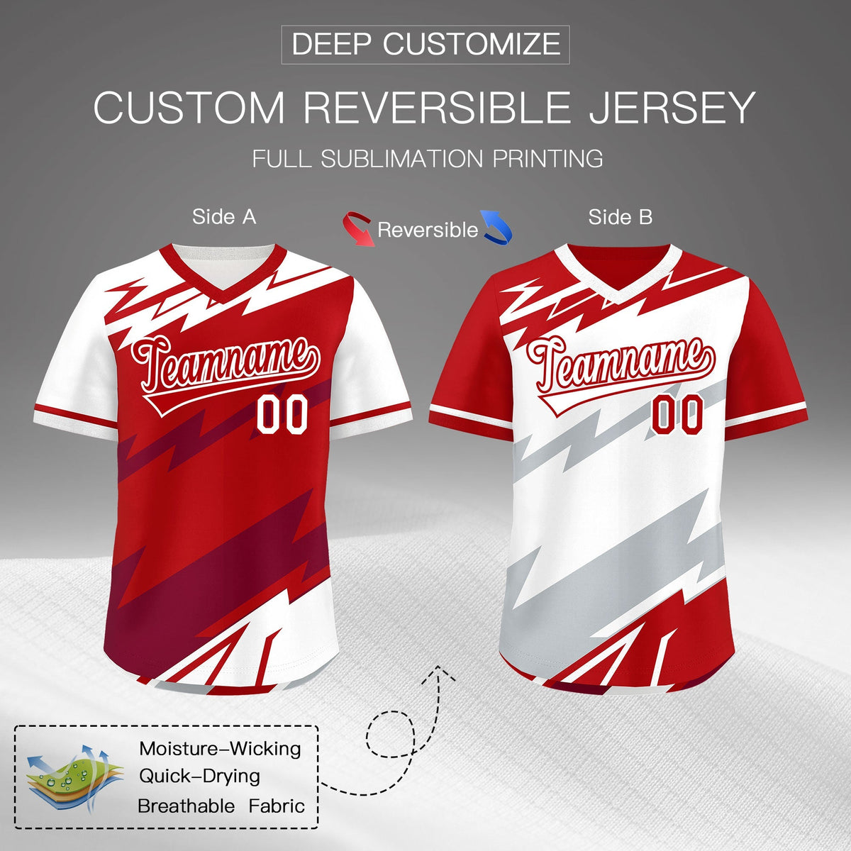 Custom Red White Crimson Reversible Tops Lightning Pattern Graffiti Pattern Pullover V-Neck Baseball Jersey| KXKSHOP