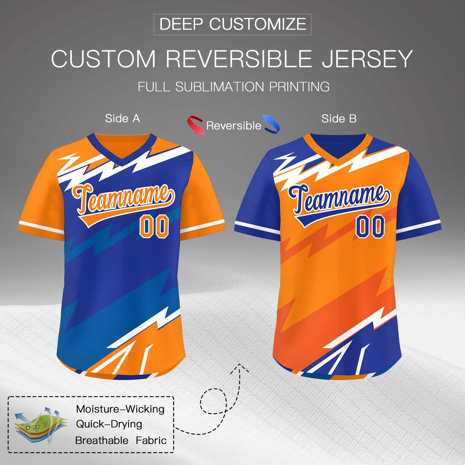 Custom Royal Blue Orange Royal Reversible Tops Lightning Pattern Graffiti Pattern Pullover V-Neck Baseball Jersey| KXKSHOP