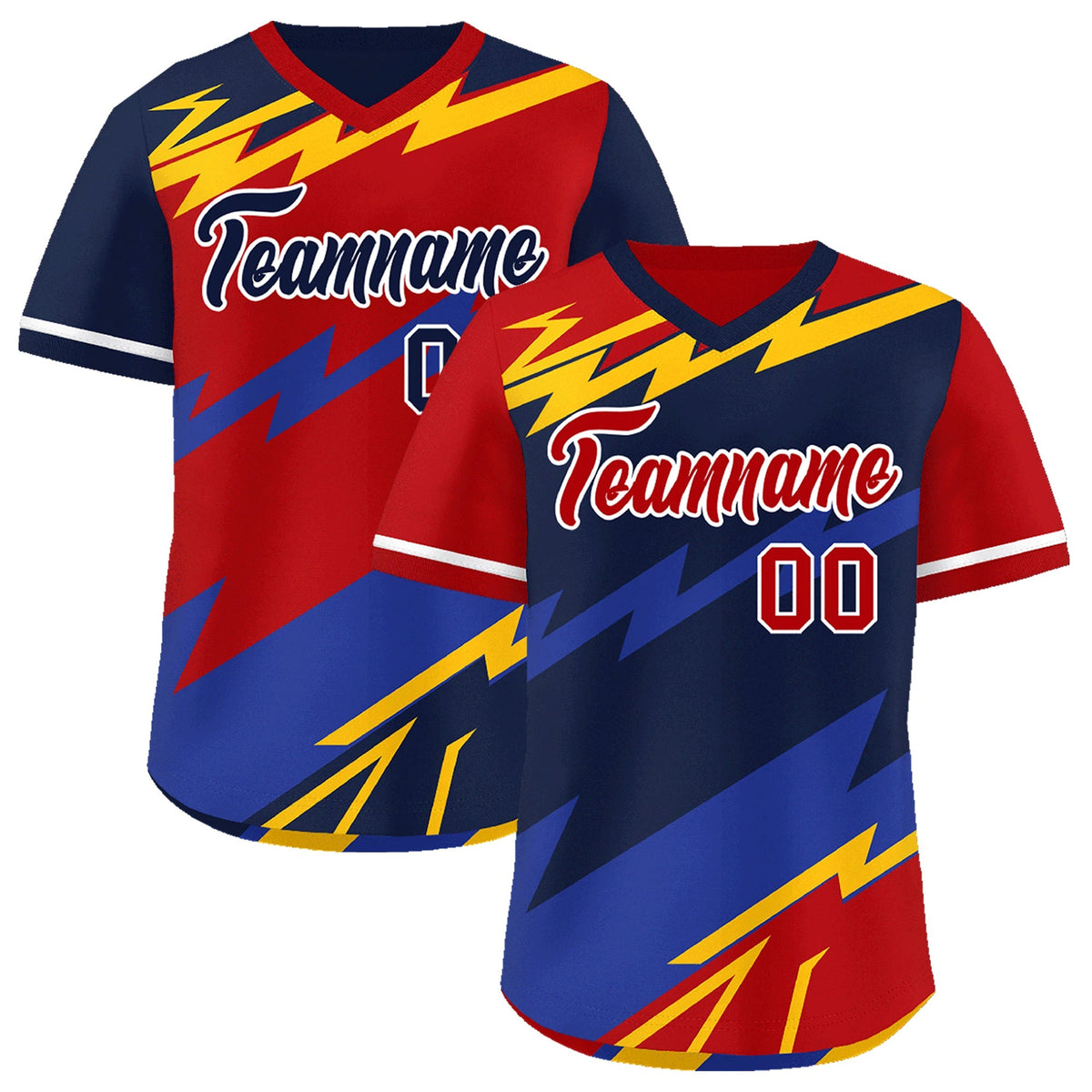 Custom Navy Red Yellow Reversible Tops Lightning Pattern Graffiti Pattern Pullover V-Neck Baseball Jersey| KXKSHOP
