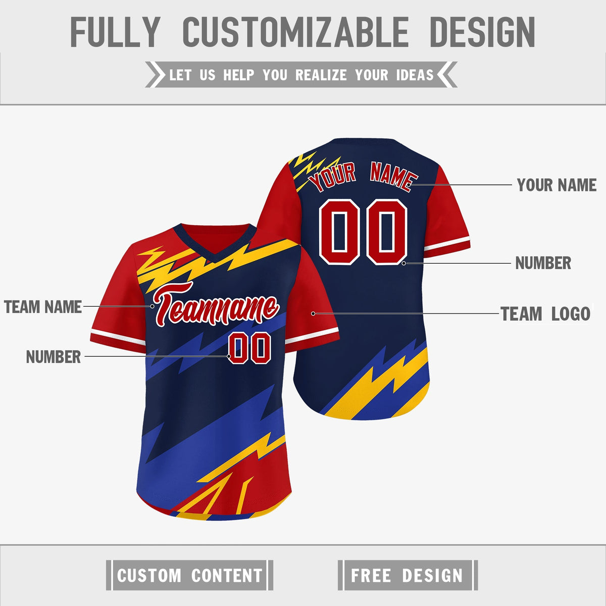 Custom Navy Red Yellow Reversible Tops Lightning Pattern Graffiti Pattern Pullover V-Neck Baseball Jersey| KXKSHOP