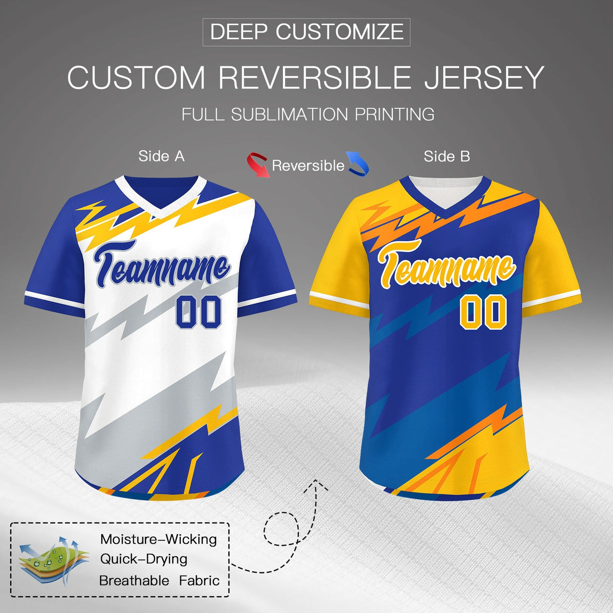 Custom White Royal Blue Silver Reversible Tops Lightning Pattern Graffiti Pattern Pullover V-Neck Baseball Jersey| KXKSHOP