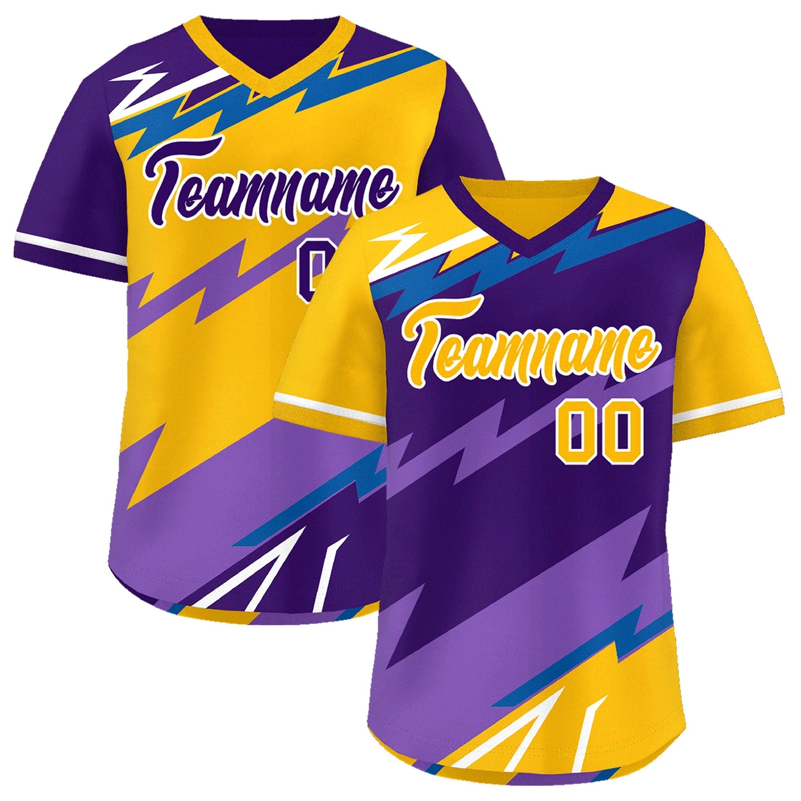 Custom Purple Royal Yellow Reversible Tops Lightning Pattern Graffiti Pattern Pullover V-Neck Baseball Jersey| KXKSHOP
