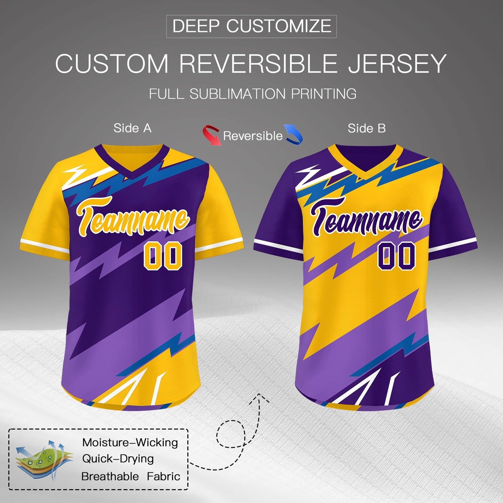 Custom Purple Royal Yellow Reversible Tops Lightning Pattern Graffiti Pattern Pullover V-Neck Baseball Jersey| KXKSHOP