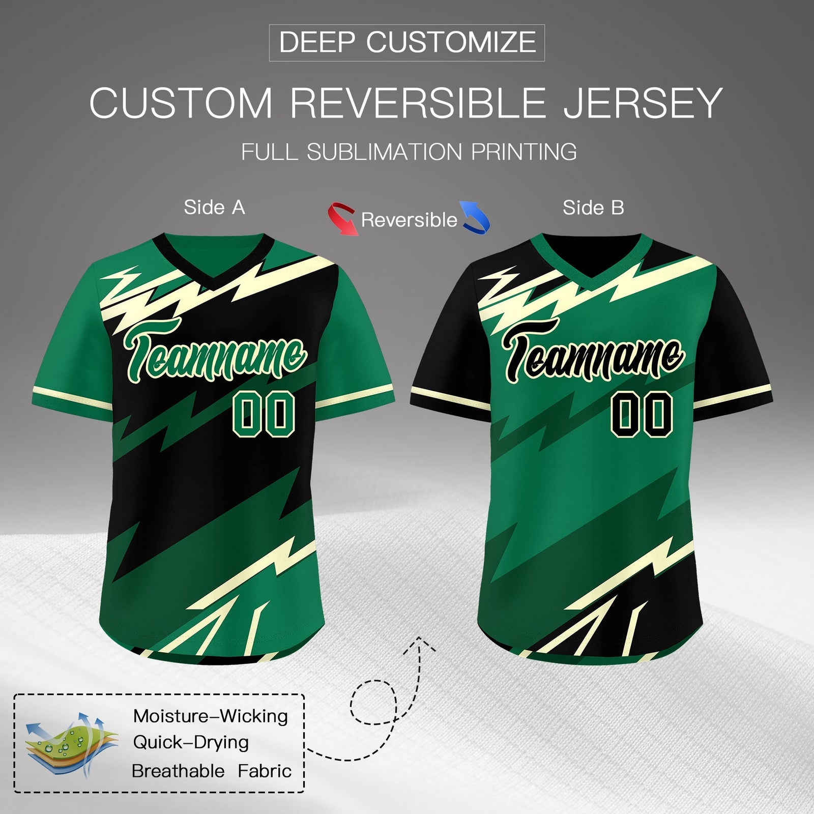 Custom Black Kelly Green Cream Reversible Tops Lightning Pattern Graffiti Pattern Pullover V-Neck Baseball Jersey| KXKSHOP