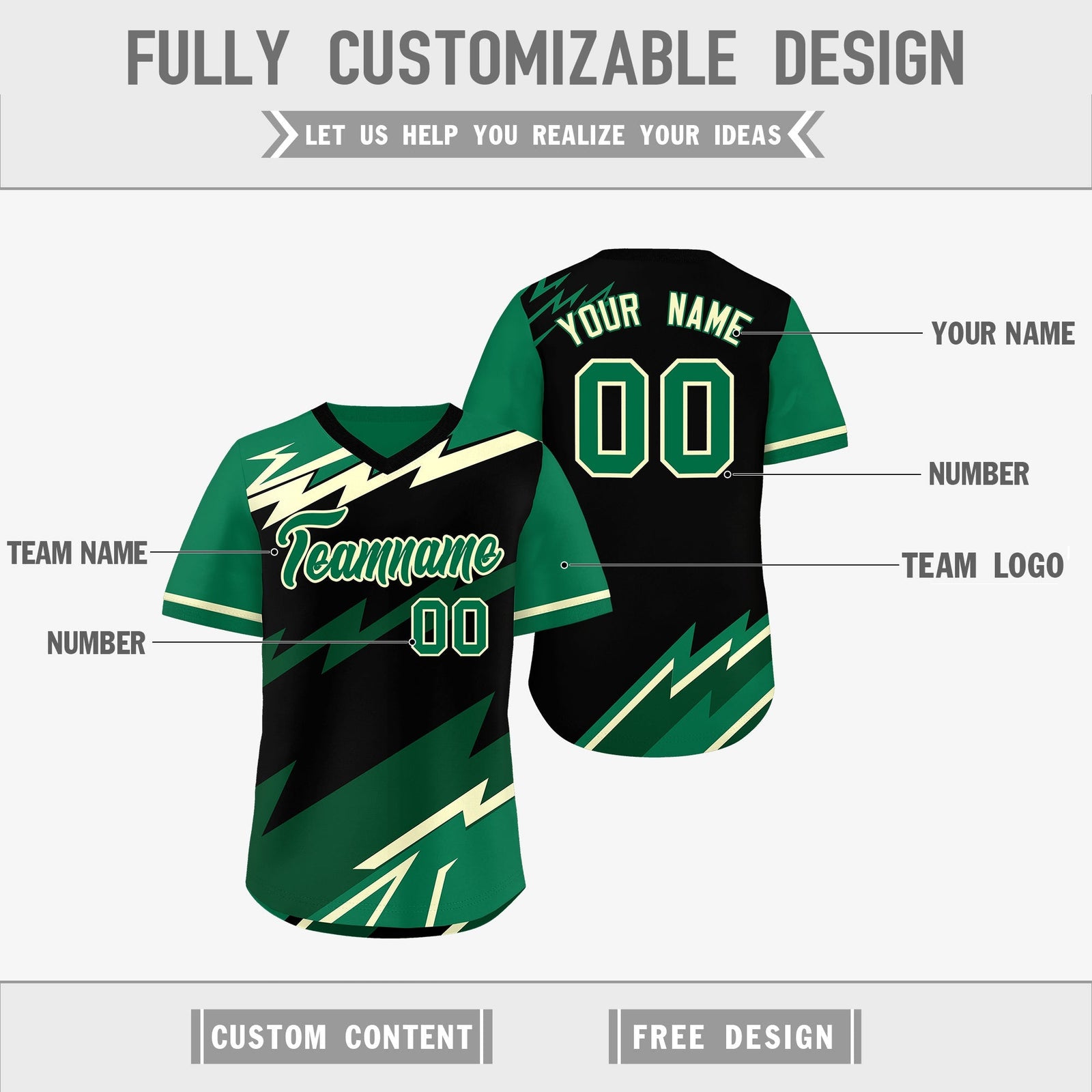 Custom Black Kelly Green Cream Reversible Tops Lightning Pattern Graffiti Pattern Pullover V-Neck Baseball Jersey| KXKSHOP