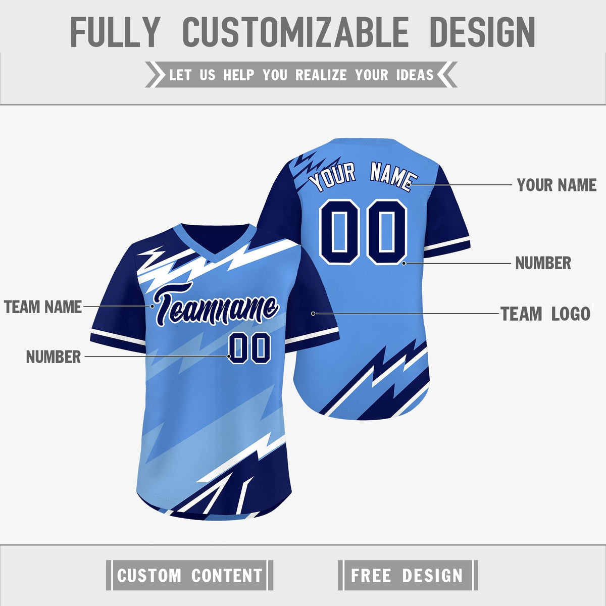 Custom Light Blue Powder Blue White Reversible Tops Lightning Pattern Graffiti Pattern Pullover V-Neck Baseball Jersey| KXKSHOP