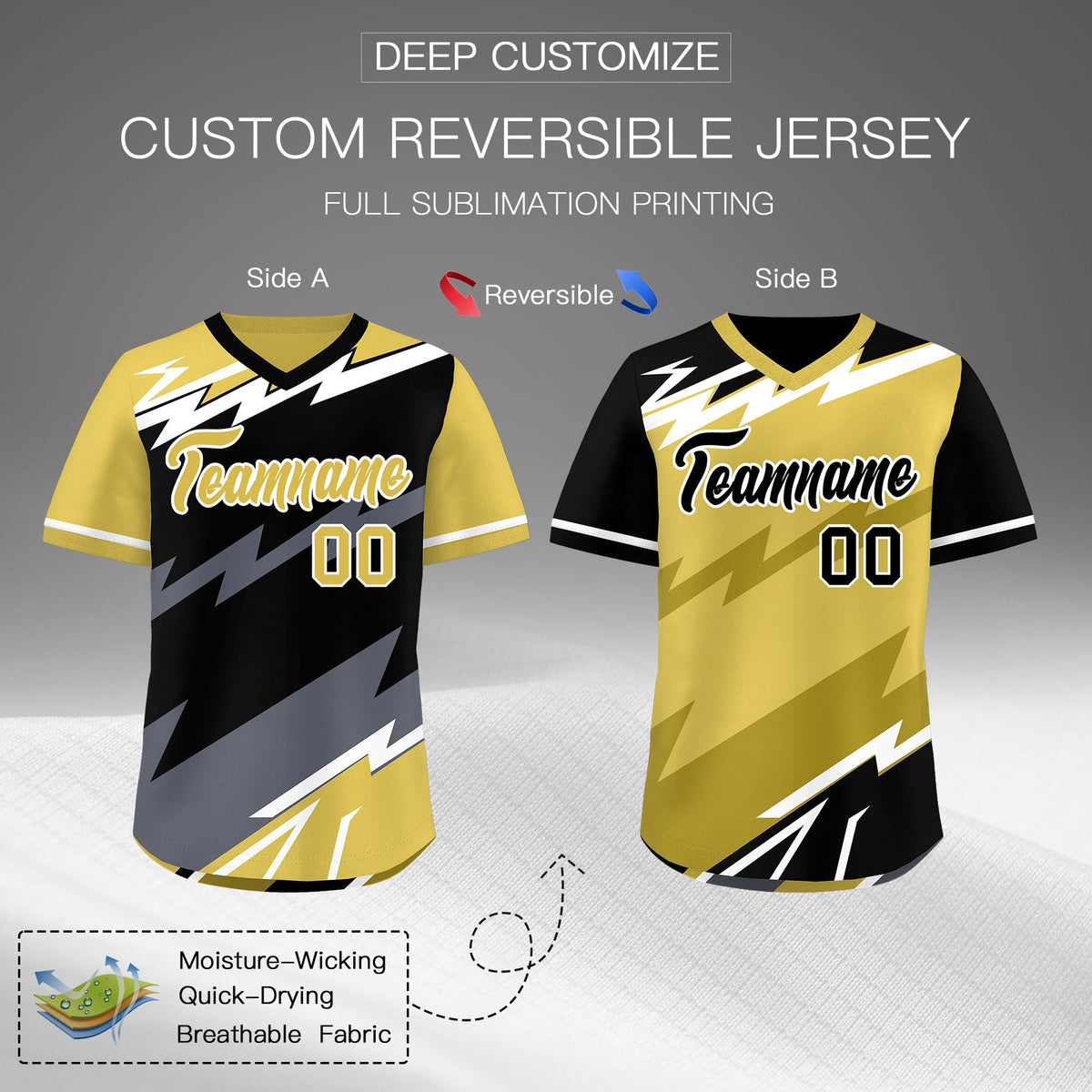 Custom Black Old Gold Gray Reversible Tops Lightning Pattern Graffiti Pattern Pullover V-Neck Baseball Jersey| KXKSHOP
