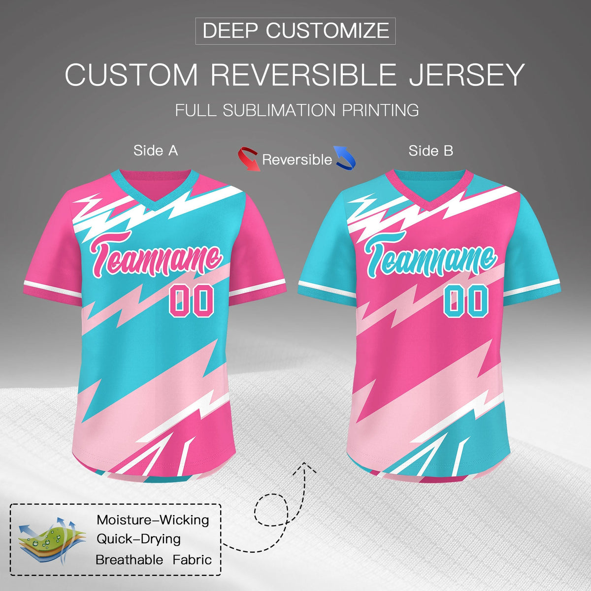 Custom Sky Blue Light Pink Pink Reversible Tops Lightning Pattern Graffiti Pattern Pullover V-Neck Baseball Jersey| KXKSHOP