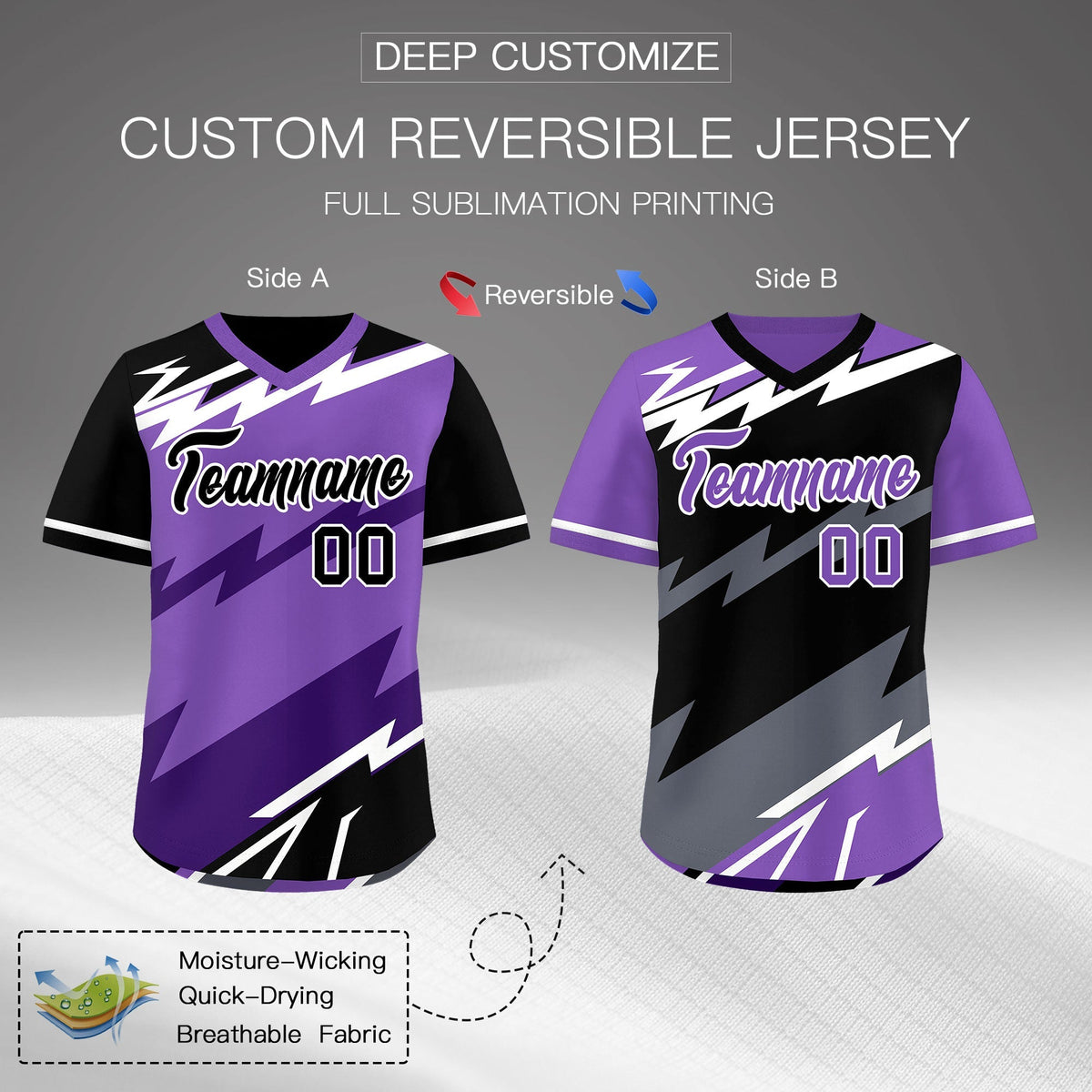 Custom Purple Black White Reversible Tops Lightning Pattern Graffiti Pattern Pullover V-Neck Baseball Jersey| KXKSHOP