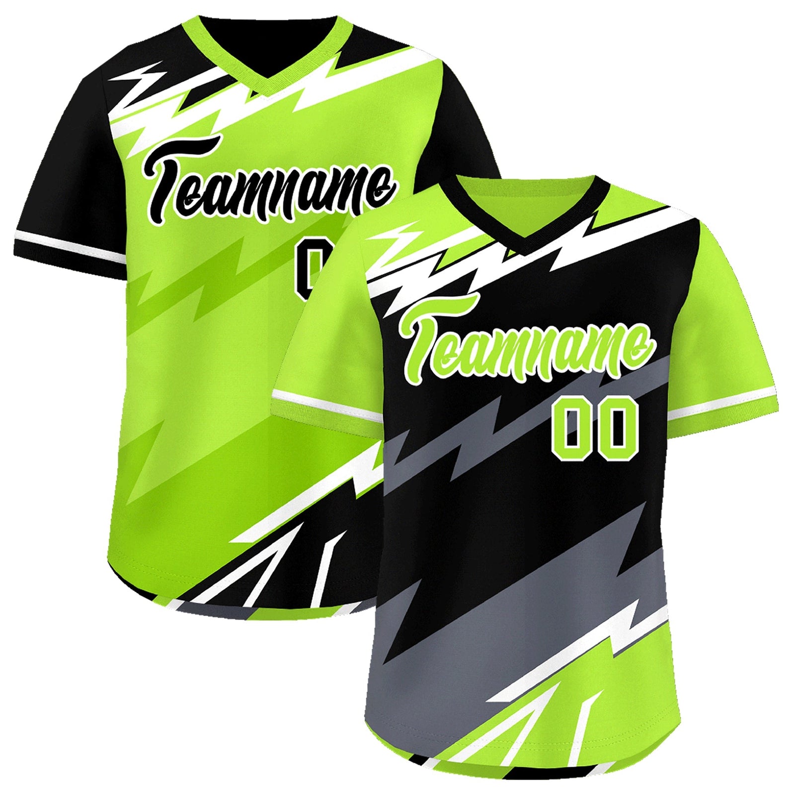 Custom Black Neon Green Gray Reversible Tops Lightning Pattern Graffiti Pattern Pullover V-Neck Baseball Jersey| KXKSHOP