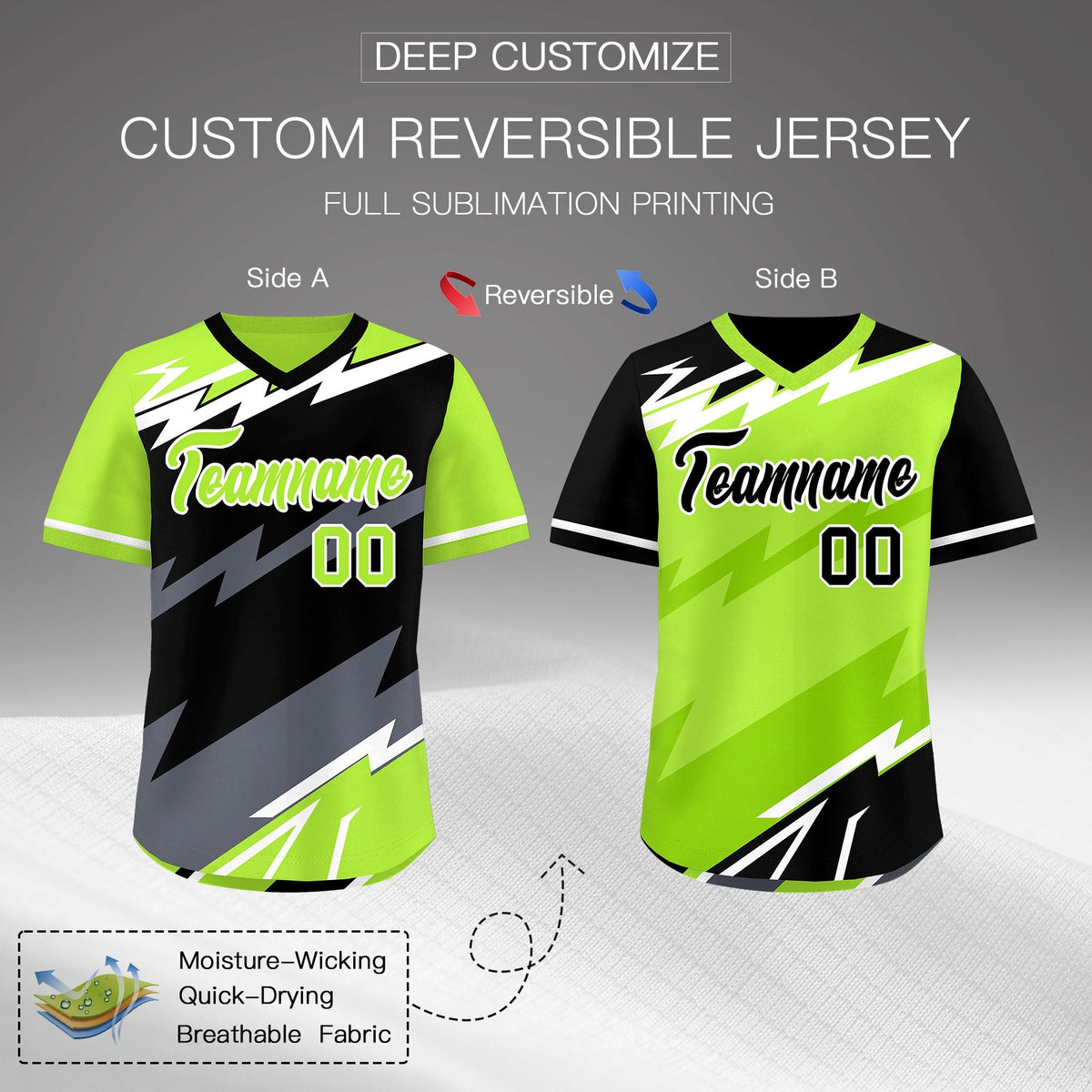 Custom Black Neon Green Gray Reversible Tops Lightning Pattern Graffiti Pattern Pullover V-Neck Baseball Jersey| KXKSHOP