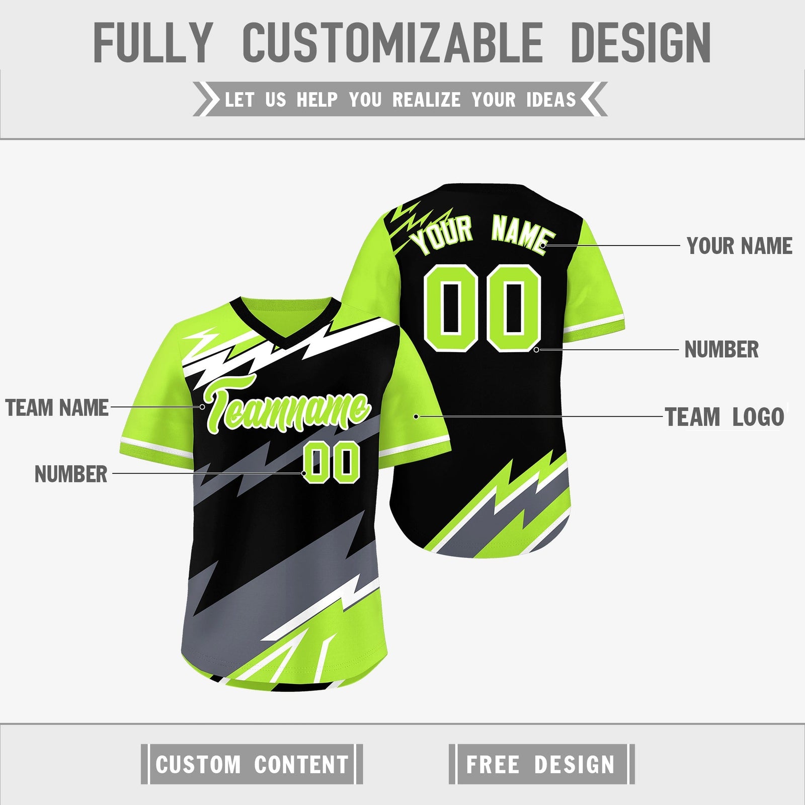 Custom Black Neon Green Gray Reversible Tops Lightning Pattern Graffiti Pattern Pullover V-Neck Baseball Jersey| KXKSHOP