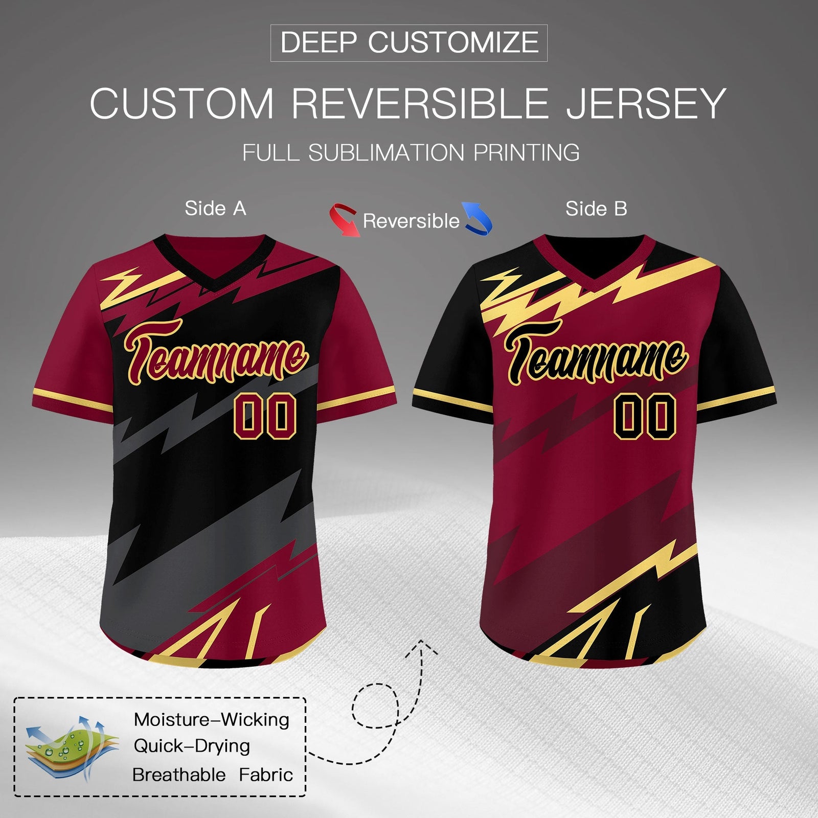 Custom Black Gray Crimson Reversible Tops Lightning Pattern Graffiti Pattern Pullover V-Neck Baseball Jersey| KXKSHOP