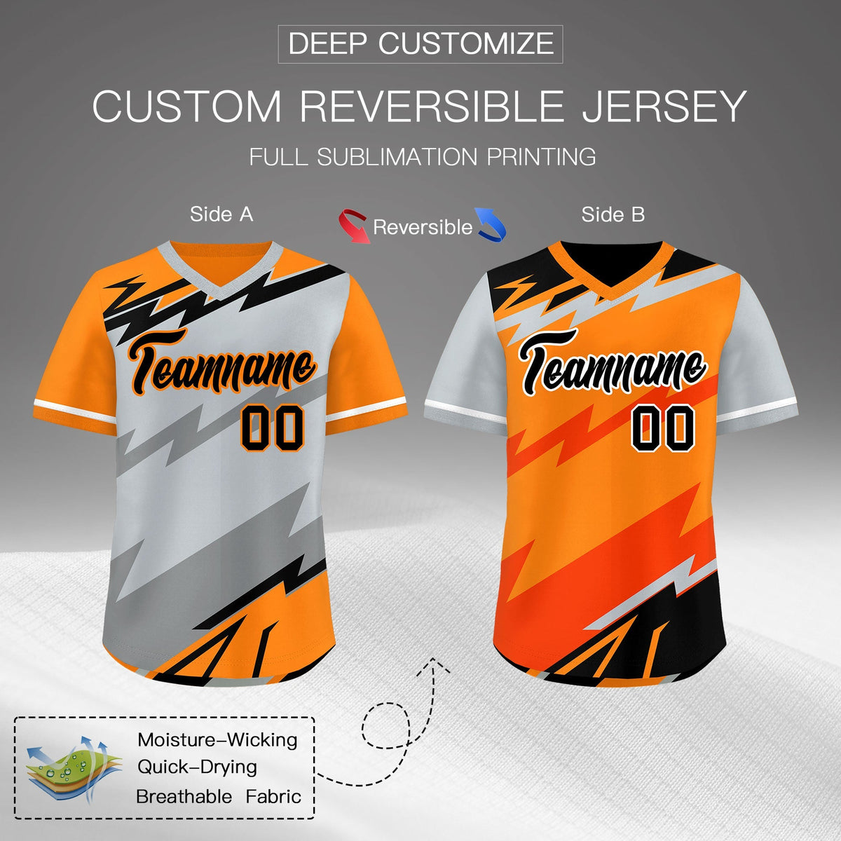 Custom Silver Orange Gray Reversible Tops Lightning Pattern Graffiti Pattern Pullover V-Neck Baseball Jersey| KXKSHOP
