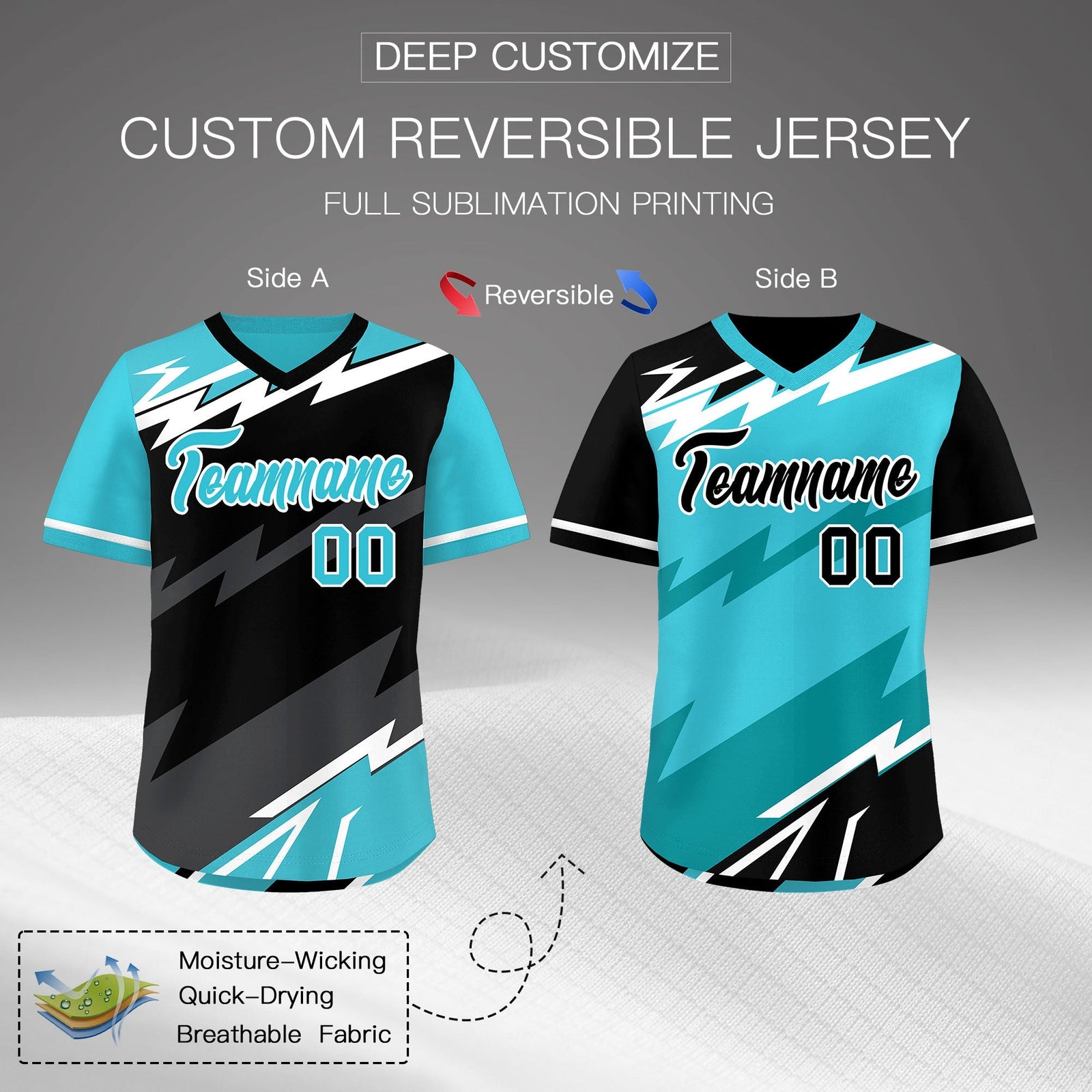 Custom Black Sky Blue Gray Reversible Tops Lightning Pattern Graffiti Pattern Pullover V-Neck Baseball Jersey| KXKSHOP