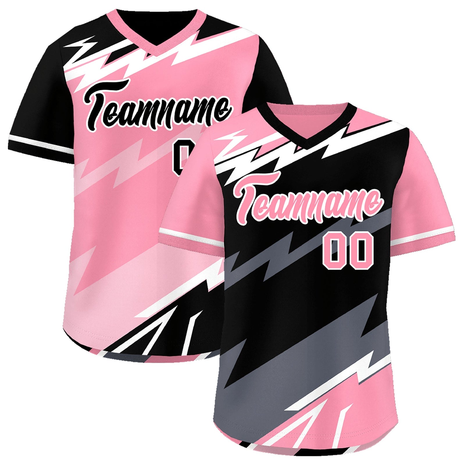 Custom Black Light Pink Gray Reversible Tops Lightning Pattern Graffiti Pattern Pullover V-Neck Baseball Jersey| KXKSHOP