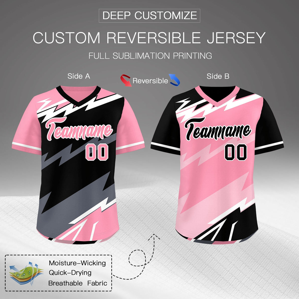 Custom Black Light Pink Gray Reversible Tops Lightning Pattern Graffiti Pattern Pullover V-Neck Baseball Jersey| KXKSHOP