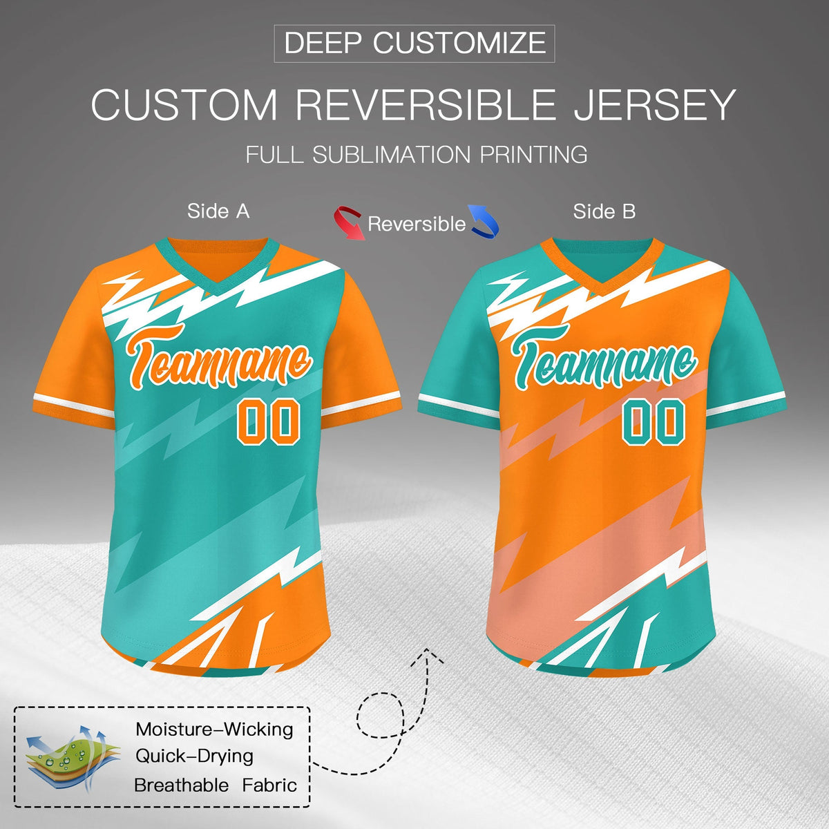 Custom Aqua Orange Teal Reversible Tops Lightning Pattern Graffiti Pattern Pullover V-Neck Baseball Jersey| KXKSHOP