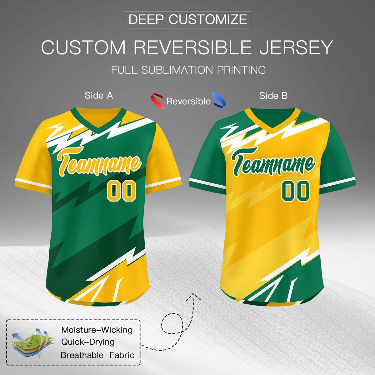 Custom Kelly Green Dark Green Yellow Reversible Tops Lightning Pattern Graffiti Pattern Pullover V-Neck Baseball Jersey| KXKSHOP