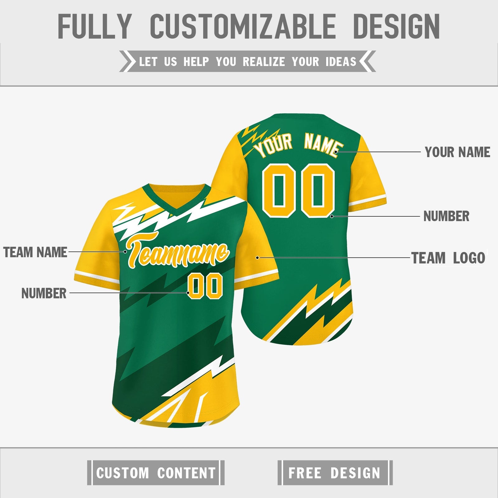 Custom Kelly Green Dark Green Yellow Reversible Tops Lightning Pattern Graffiti Pattern Pullover V-Neck Baseball Jersey| KXKSHOP