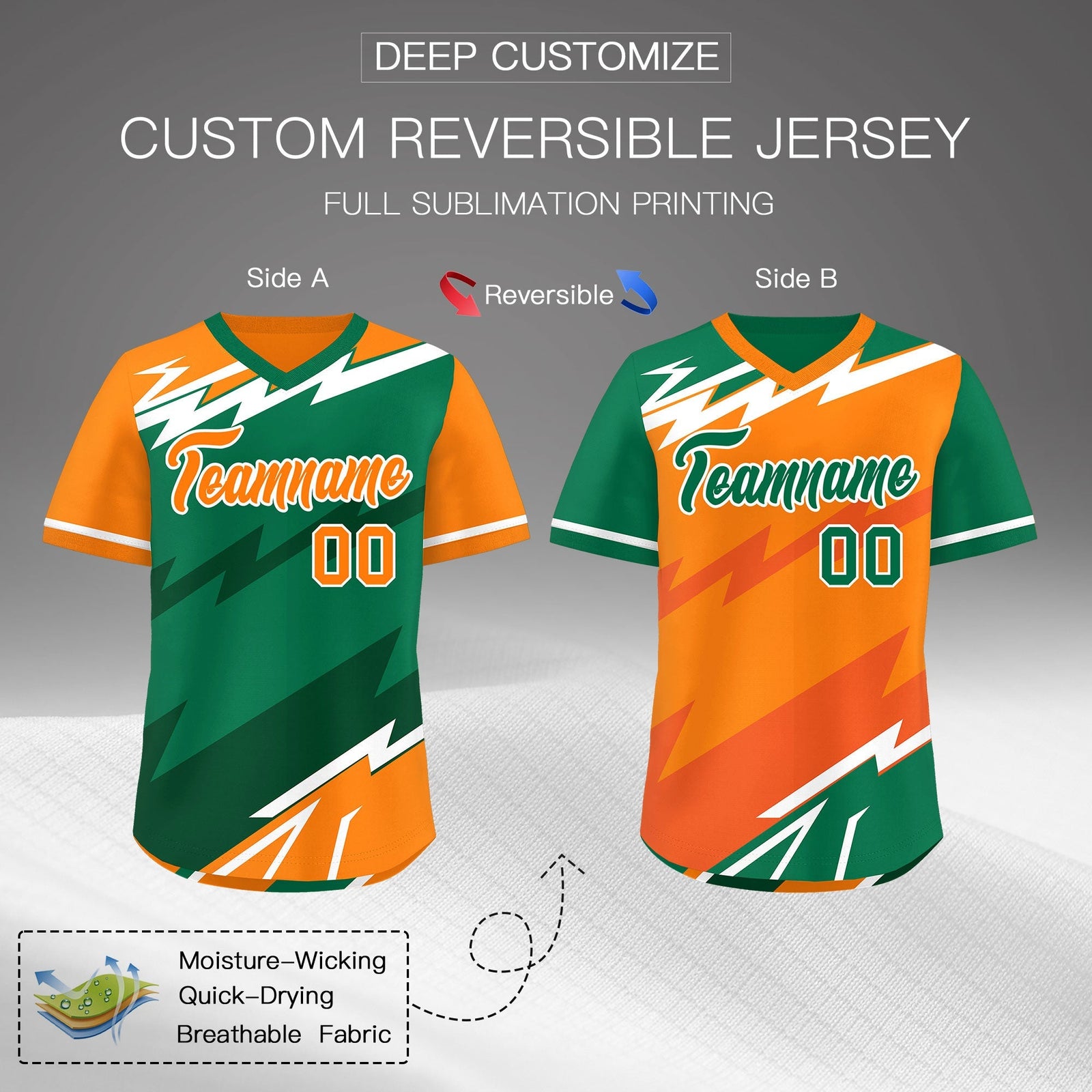 Custom Kelly Green Orange Dark Green Reversible Tops Lightning Pattern Graffiti Pattern Pullover V-Neck Baseball Jersey| KXKSHOP