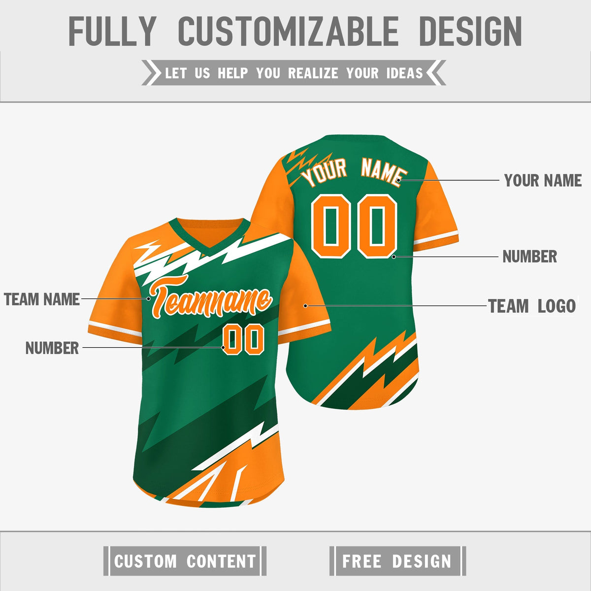 Custom Kelly Green Orange Dark Green Reversible Tops Lightning Pattern Graffiti Pattern Pullover V-Neck Baseball Jersey| KXKSHOP