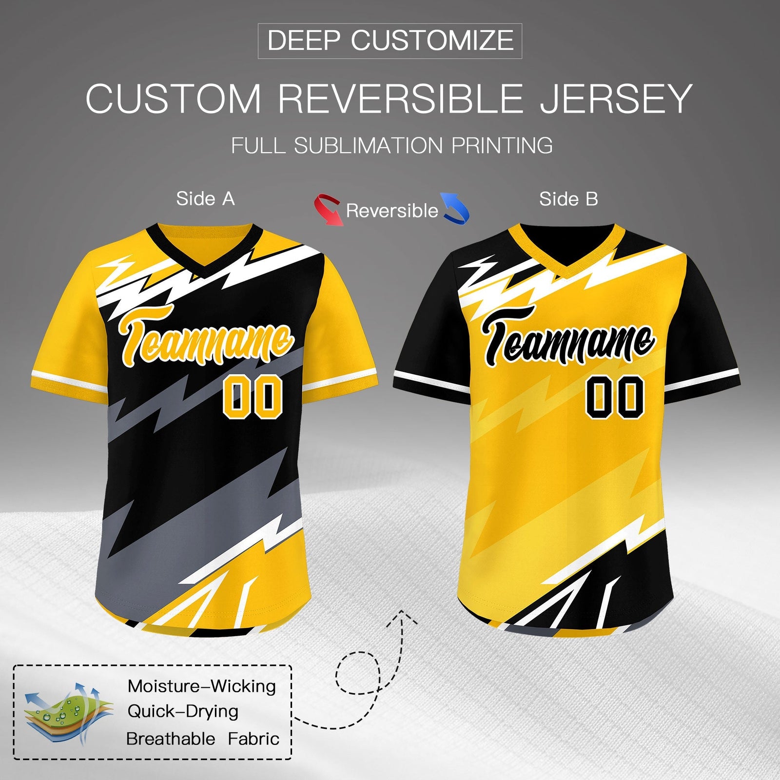 Custom Black Yellow Gray Reversible Tops Lightning Pattern Graffiti Pattern Pullover V-Neck Baseball Jersey| KXKSHOP