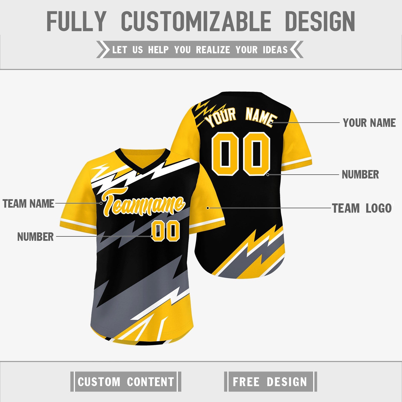 Custom Black Yellow Gray Reversible Tops Lightning Pattern Graffiti Pattern Pullover V-Neck Baseball Jersey| KXKSHOP