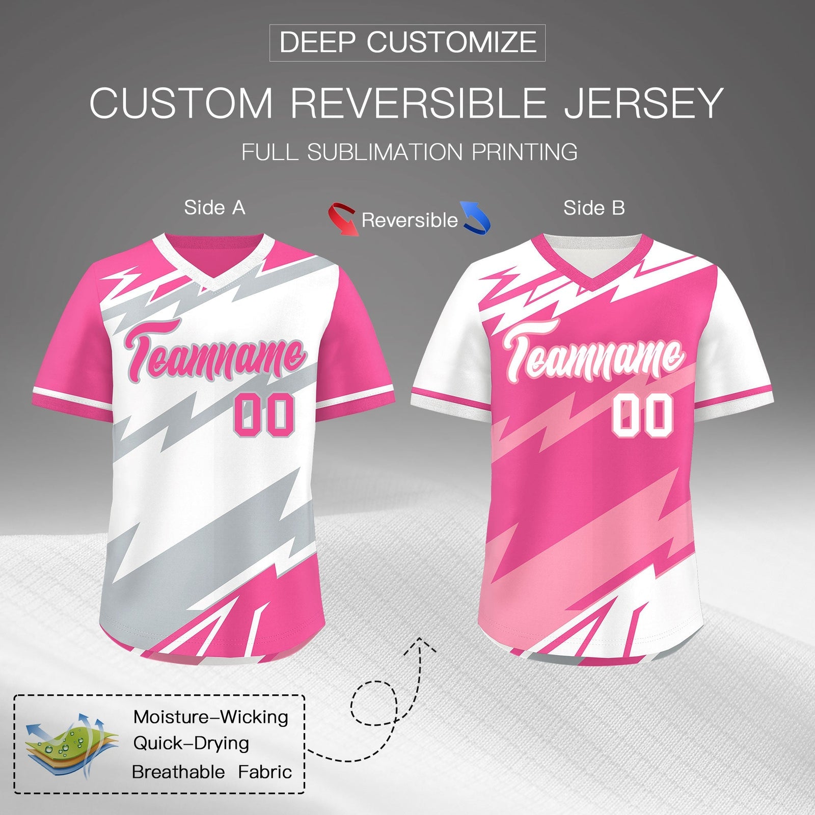 Custom White Pink Silver Reversible Tops Lightning Pattern Graffiti Pattern Pullover V-Neck Baseball Jersey| KXKSHOP