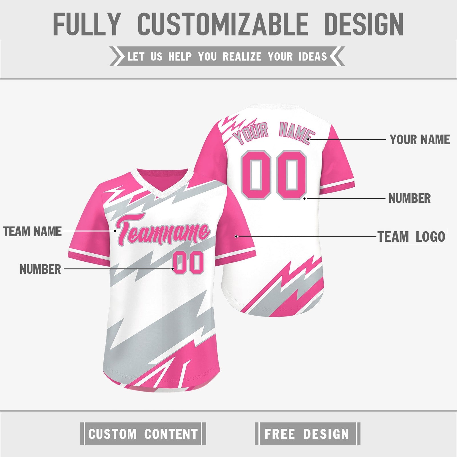 Custom White Pink Silver Reversible Tops Lightning Pattern Graffiti Pattern Pullover V-Neck Baseball Jersey| KXKSHOP