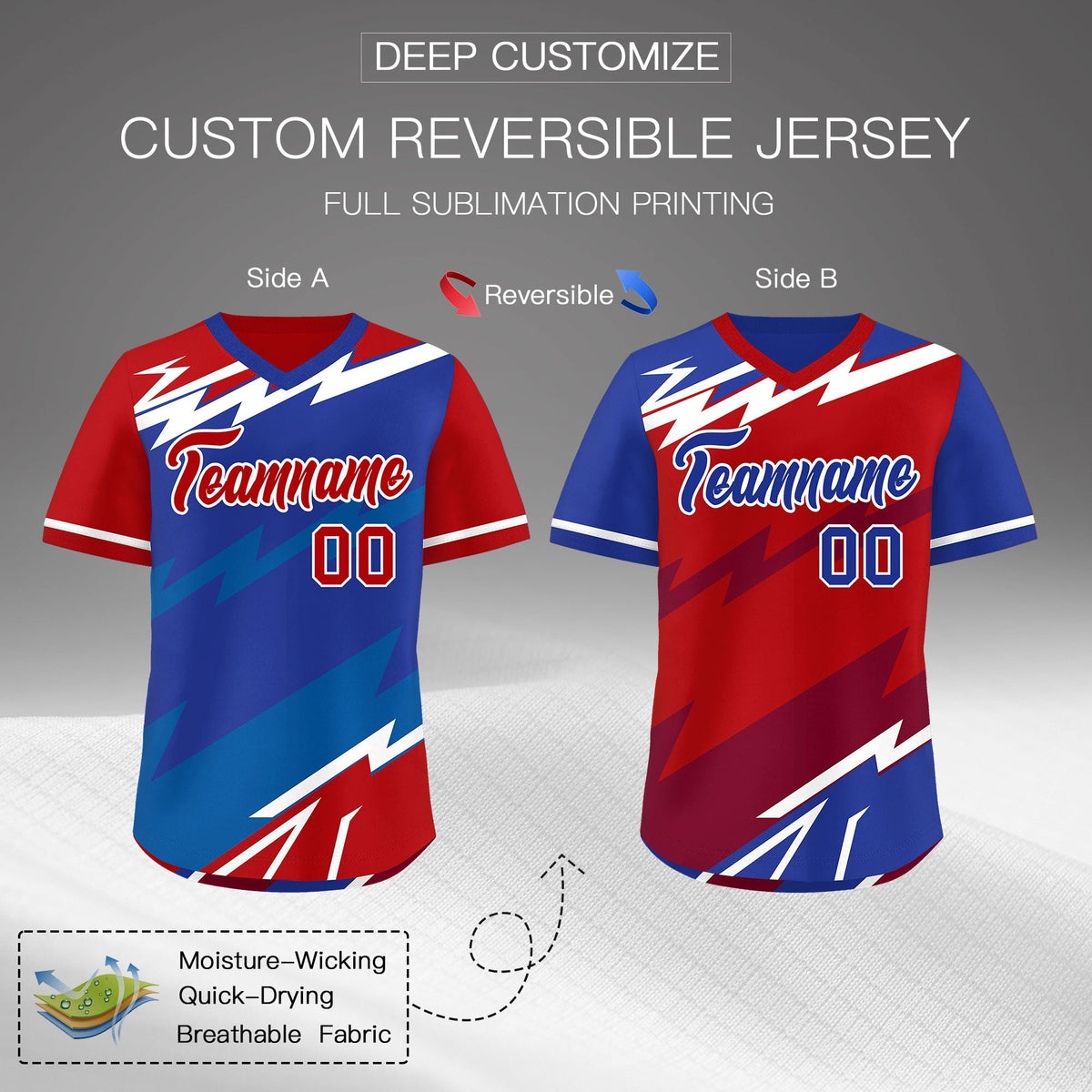 Custom Royal Blue Red Royal Reversible Tops Lightning Pattern Graffiti Pattern Pullover V-Neck Baseball Jersey| KXKSHOP