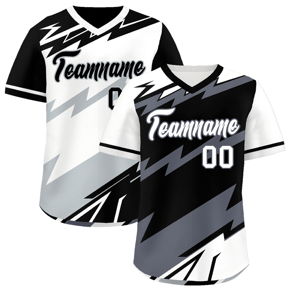 Custom Black White Gray Reversible Tops Lightning Pattern Graffiti Pattern Pullover V-Neck Baseball Jersey| KXKSHOP