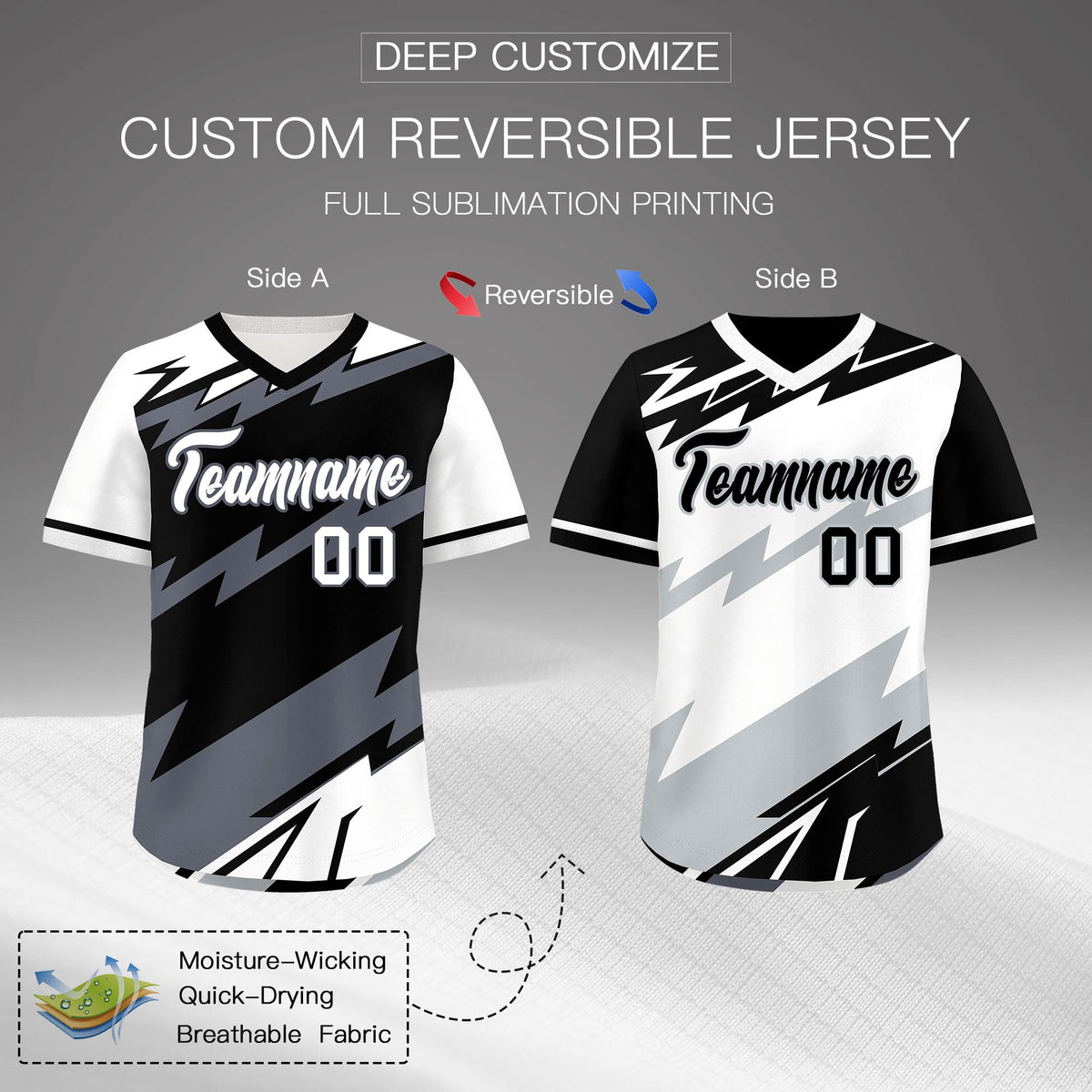 Custom Black White Gray Reversible Tops Lightning Pattern Graffiti Pattern Pullover V-Neck Baseball Jersey| KXKSHOP