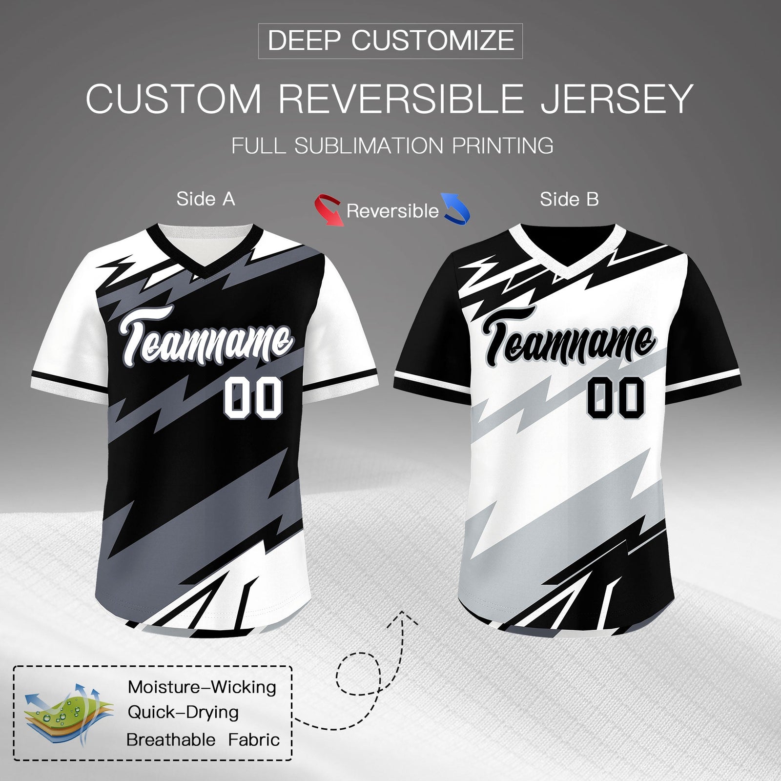 Custom Black White Gray Reversible Tops Lightning Pattern Graffiti Pattern Pullover V-Neck Baseball Jersey| KXKSHOP