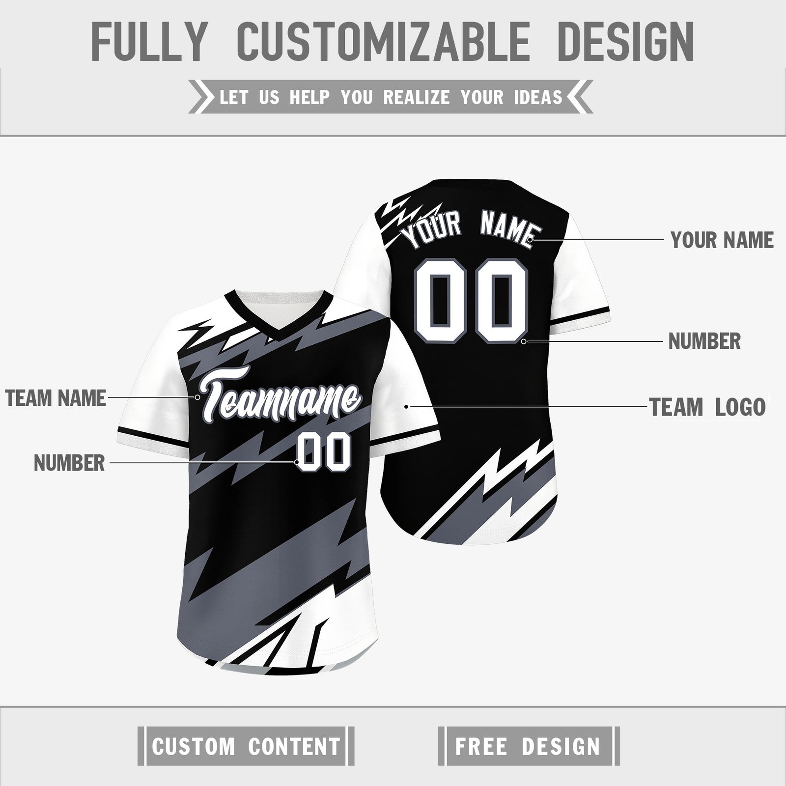 Custom Black White Gray Reversible Tops Lightning Pattern Graffiti Pattern Pullover V-Neck Baseball Jersey| KXKSHOP